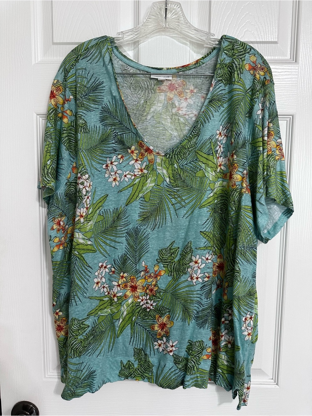 J. Jill Teal Tropical V-Neck Short Sleeve Top